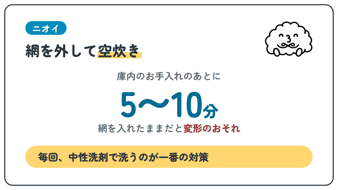 ニオイ 網を外して空炊き 庫内のお手入れのあとに 5〜10分 網を入れたままだと変形のおそれ 毎回、中性洗剤で洗うのが一番の対策
