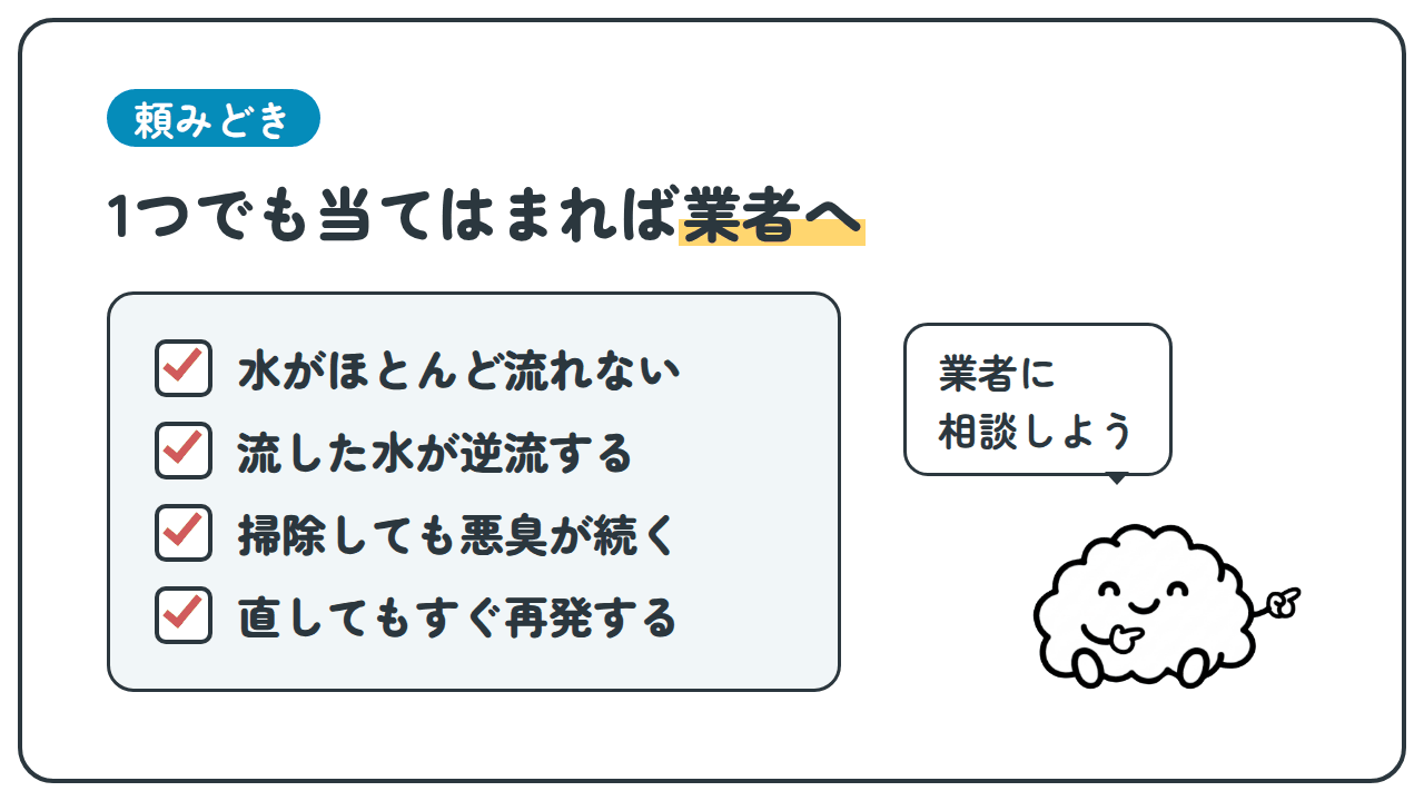 頼みどき。1つでも当てはまれば業者へ。水がほとんど流れない。流した水が逆流する。掃除しても悪臭が続く。直してもすぐ再発する。業者に相談しよう。
